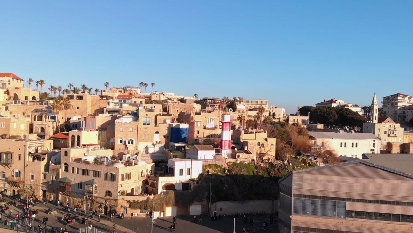 Aerial footage of the famous old town of Jaffa in Tel Aviv, Israel.