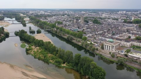 Aerial panoramic view of Tours city in Loire valley of France. High quality 4k footage