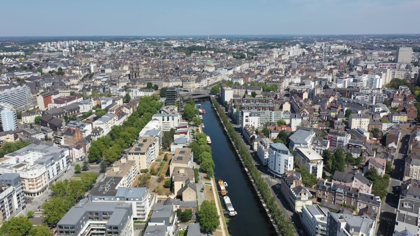 Panoramic view of Rennes city with modern apartment buildings , administrative center of Brittany region, France. High quality 4k footage