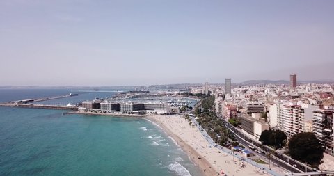 ALICANTE, SPAIN - APRIL 17, 2019: Picturesque panorama of coastal area of Spanish town of Alicante overlooking of Port