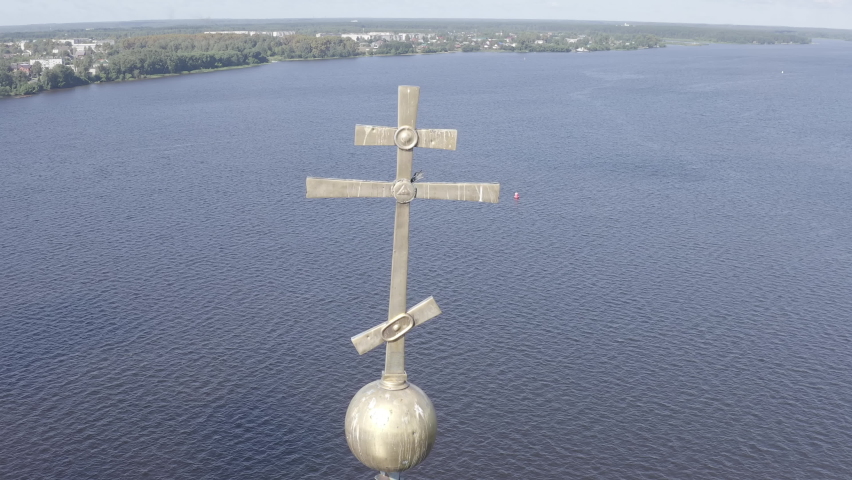 D-Log. Kalyazin, Russia. Kalyazin bell tower. Bell tower of St. Nicholas Cathedral (known as the flooded bell tower), Aerial View, Departure of the camera