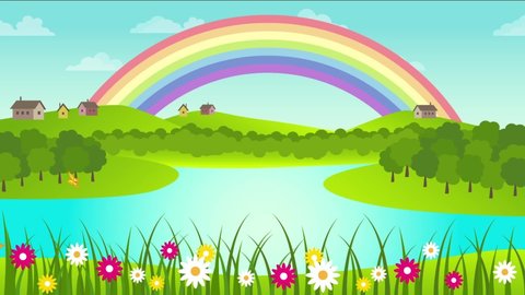Spring and summer rural landscape with a rainbow, forest, lake, flowers and butterflies. Cartoon hd animation.