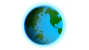 Rotating world. Blue green earth rotates. Formation of the day and night. Repeating loop flat animation. Atmosphere of the glowing globe. Blank white background. School video. 2d motion graphic film
