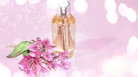 Alstroemeria flower and cosmetic oil in a glass bottle on a pink background with white bokeh. Promotional video of cosmetic oil.
