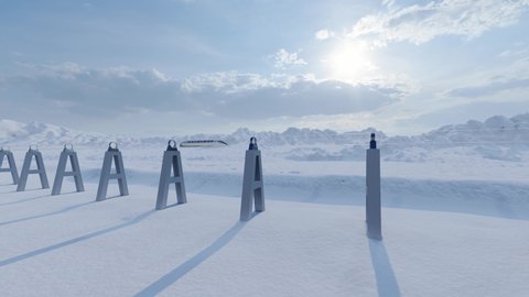 Hyperloop mountain winter landscape futuristic speed train iot 4k