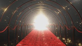 The camera moves along a corridor of gold rings and a red carpet strewn with gold confetti. The Golden confetti falls. 4K 3D loop animation - Powered by Shutterstock - Get 15% off with code: PIKWIZARD15