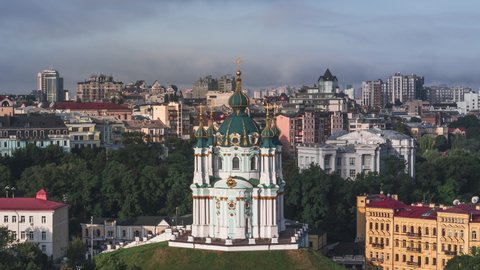 Establishing Aerial View Shot of Kyiv Kiev, St. Andrew's Church, Baroque East Orthodox, Ukraine, beautiful cathedral