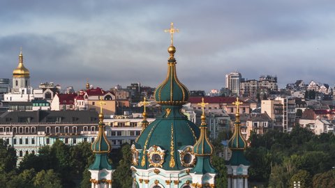 Establishing Aerial View Shot of Kyiv Kiev, dome of St. Andrew's Church, Baroque East Orthodox, Ukraine