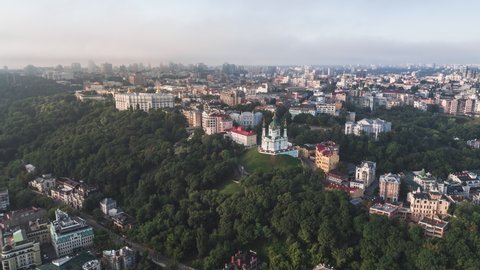 Establishing Aerial View Shot of Kyiv Kiev, St. Andrew's Church, Baroque East Orthodox, Ukraine, old town skyline