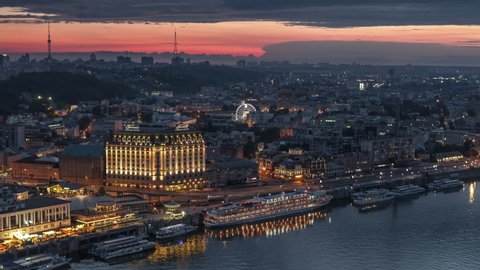 Establishing Aerial View Shot of Kyiv Kiev, Ukraine, amazing sunset over old city