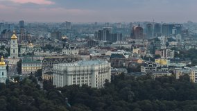 Establishing Aerial View Shot of Kyiv Kiev, St. Sophia's Cathedral, St. Michael's Golden-Domed Monastery and Ministry of Foreign Affairs of Ukraine, Ukraine, early evening