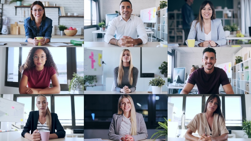 Video of headshot screen application view of diverse employees doing a video call while talking in video conference. Covid19 concept. Royalty-Free Stock Footage #1065352225