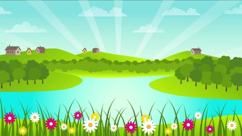 Spring and summer rural landscape with a sunrise, lake, forest, flowers and butterflies. Cartoon hd animation.