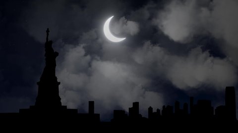 Statue of Liberty and New York City Skyline: Time Lapse By Night with Crescent Moon and Clouds, USA