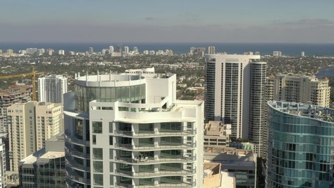 FORT LAUDERDALE, FL, USA - JANUARY 9, 2021: Aerial video Hyatt Centric Las Olas Fort Lauderdale rooftop balconies 4k