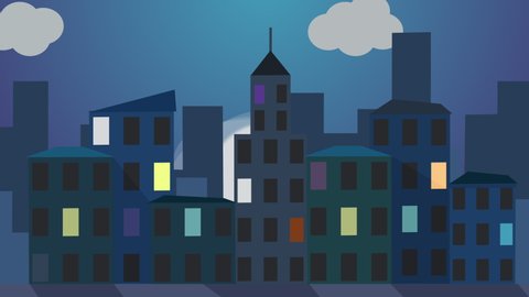 photo Black City Background Cartoon 2d zoomed out animation of a night city flat cartoon dark city at night city skyline against the moon animation motion graphics night background scene bright light window on dark building towers