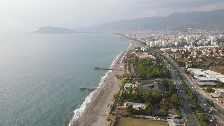 Aerial view of Alanya, Turkey - a resort town on the seashore. Slow motion