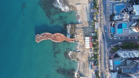 Aerial view of Alanya, Turkey - a resort town on the seashore. Slow motion