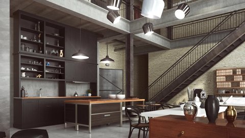 Loft modern interior designed as a open plan modern apartment. Open plan including kitchen, dining room, living room, home office and bedroom on the mezzanine. 3D animation.