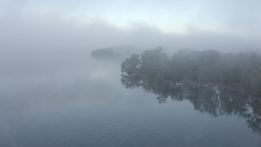 Foggy lake trees drone 4k