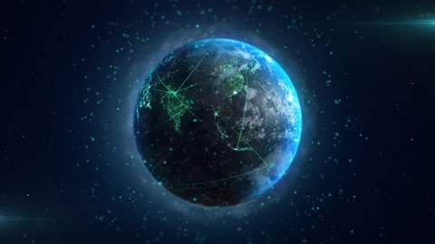 Digitalization Concept Global Technology. 3d Earth Digital Connected Network Background. Worldwide Big Data Cloud. World Connections with Light Lines. Spinning Futuristic Earth Globe Looping Animation