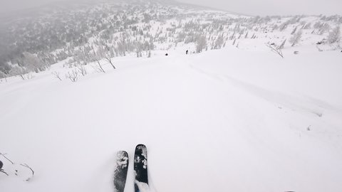 FIRST PERSON VIEW: the skier is riding in the woods after a big snow storm and jumping. Freeride skier skiing in perfect powder snow off piste