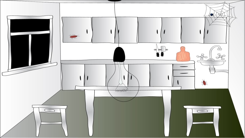 Apartment with ghosts. Cartoon kitchen interior.