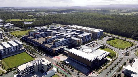 Sunshine Coast, Queensland - January 14 2021: Aerial footage of the Sunshine Coast University Hospital which open in 2017, costing $1.8 billion