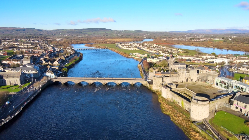 Aerial view over Limerick City in Republic of Ireland. There are number of eye-catching landmarks in Limerick such as Thomond Bridge,  King John