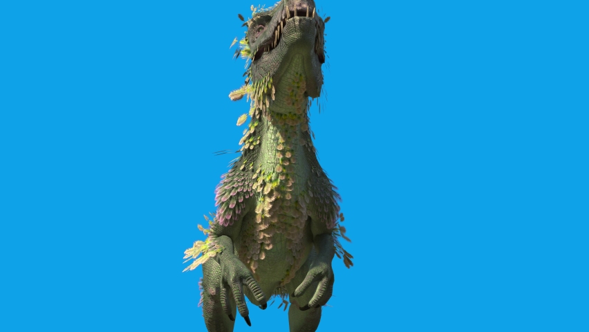 Feathered Dinosaur Trex Attack Blue Screen 3D Rendering Animation 4K