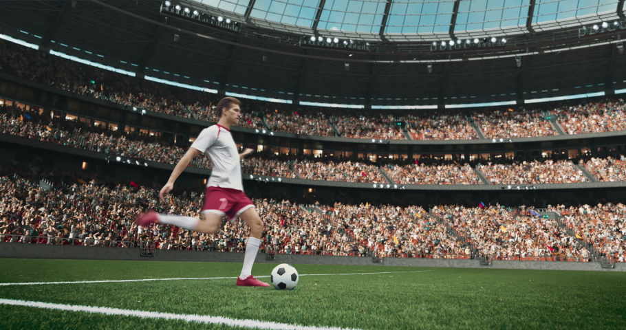 4k dynamic shot of a soccer player kicking ball on the professional stadium made in 3d with animated crowd. Sunny weather.