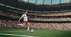 4k dynamic shot of a soccer player kicking ball on the professional stadium made in 3d with animated crowd. Sunny weather.