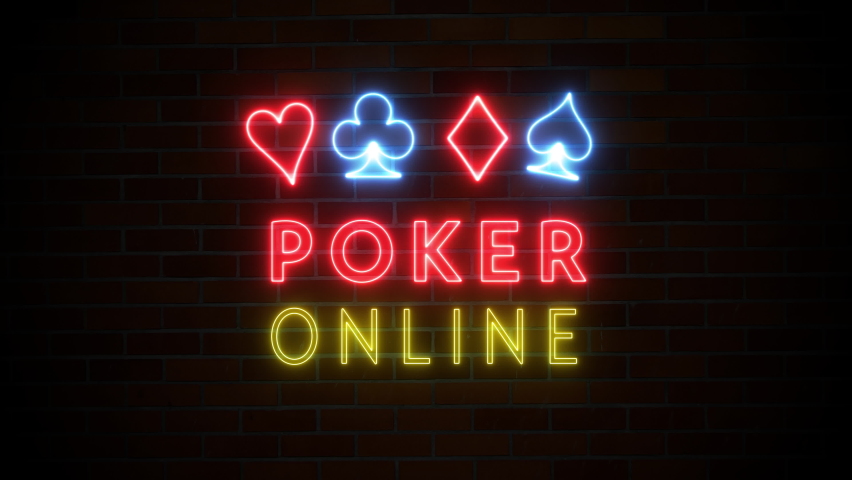 Gambling poker online neon sign animation opener 4k with cards symbols and text on dark brick wall Royalty-Free Stock Footage #1065398578