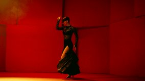 Beautiful couple dancing latin dance . Professional dancers dancing flamenco, rumba or salsa on red background. Pair in spanish dress performs dance movement. Shot ARRI ALEXA Camera in Slow Motion 