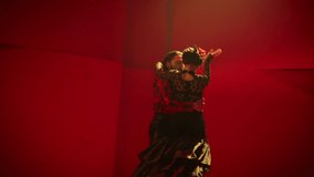 Beautiful couple dancing latin dance . Professional dancers dancing flamenco, rumba or salsa on red background. Pair in spanish dress performs dance movement. Shot ARRI ALEXA Camera in Slow Motion 