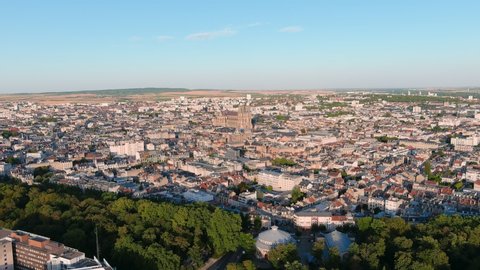 Reims, France. Aerial view of cathedral Cathédrale Notre-Dame de Reims in historic city center - landscape panorama of Europe from above.