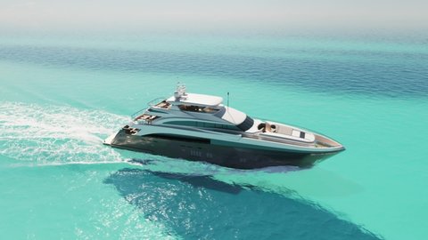 Luxury yacht cruising out at sea. Aerial view of luxury yacht cruising in turquoise lagoon. Aerial drone tracking video of luxury boat. Motor Yacht sailing on open ocean