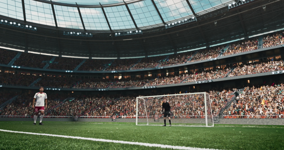 4k dynamic shot of soccer player scoring goal on the professional stadium made in 3d with animated crowd. Sunny weather. | Shutterstock HD Video #1065415351