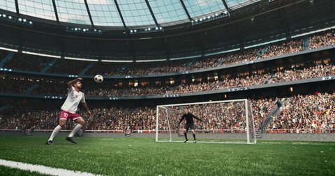 4k dynamic shot of soccer player scoring goal on the professional stadium made in 3d with animated crowd. Sunny weather.