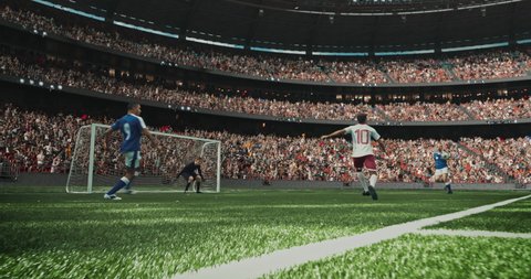 4k dynamic shot of soccer player scoring goal on the professional stadium made in 3d with animated crowd. Sunny weather.