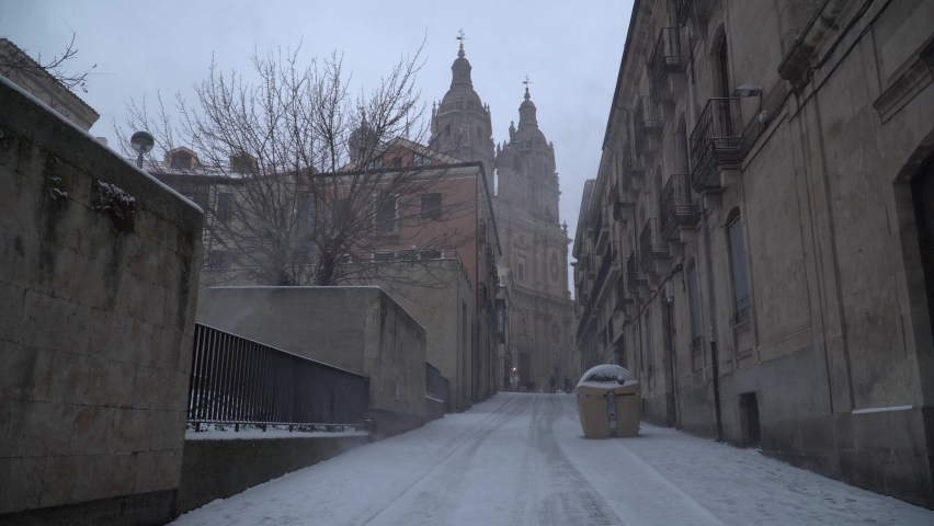 Snow in Salamanca city view, Spain.