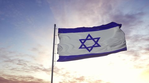 The national flag of Israel waving in the wind, dramatic sky background. 4K