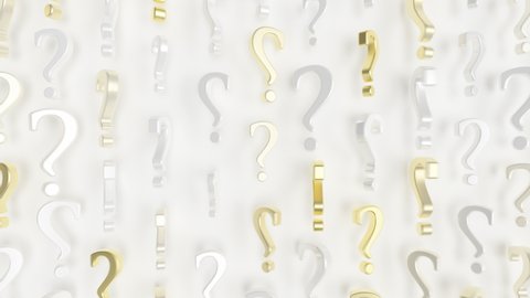 Many Question Marks Loop 1 Gold x White: animation of many question marks twirling. Elegant gold and white question marks over a white plane. Decision concept. Seamless loop. 
