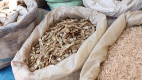 A footage of dried seafood fish sell in the fish market.
