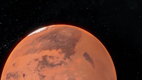 Flying by tracking around shot of Mars in space over stars background. Epic view on Mars moving on orbit