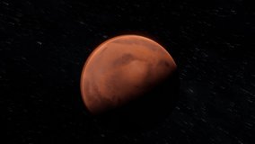 Dynamic shot of Mars flying by in open space. Red planet flying trough the space over stars background 