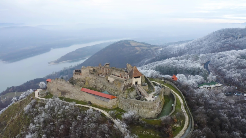 Aerial view of Castle Hill in Visegrad, Hungary. Tourist attraction in Europe. Beautiful winter daytime.