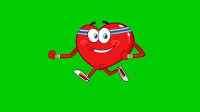 Healthy Heart Cartoon Character Running. 4K Animation Video Motion Graphics On Green Screen Background