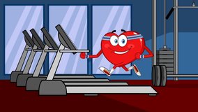 Healthy Heart Cartoon Character Running On A Treadmill. 4K Animation Video Motion Graphics With Gym Background