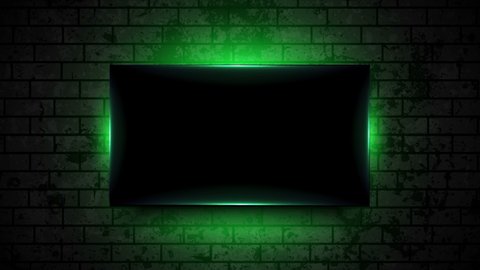 Green neon luminous frame on dark grunge brick wall abstract motion background. Seamless looping. Video animation Ultra HD 4K 